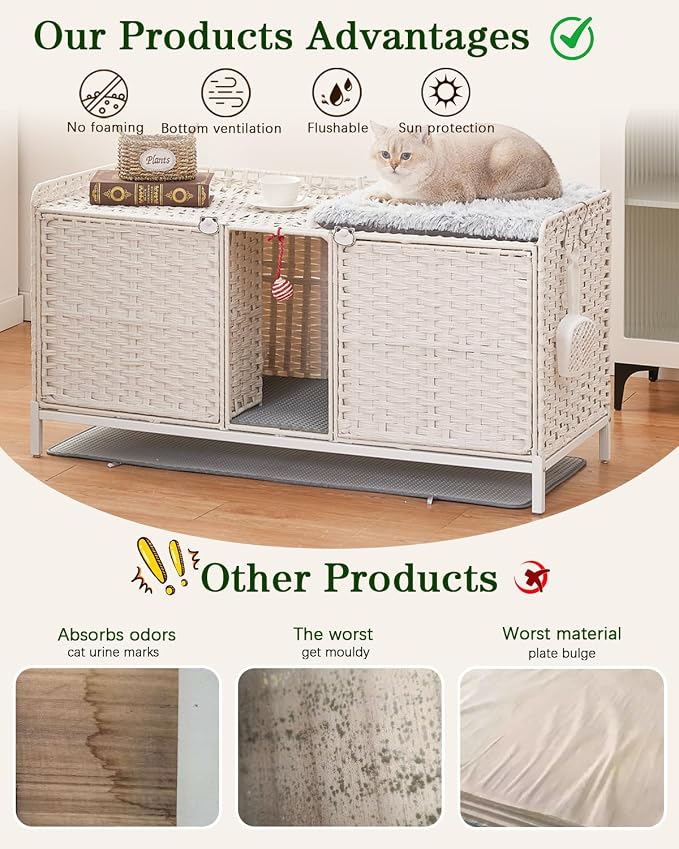 SETVSON Cat Litter Box Enclosure for 2 Cats, Hidden Litter Box Furniture with Mat, Large Rattan Cat House with Double Room and Door, 47.3 L x 19.7 W x 24 H, 2 S-Shaped Hooks for Living Room White
