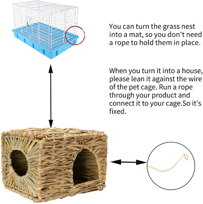 kathson 2 Pcs Large Rabbit Grass House Natural Foldable Hand Woven Seagrass Bed Carrot Hay Toy Hut Safe Comfortable Playhouse with 6 PCS Bunny Chew Toys for Bunny Hamster Guinea Pig Chinchilla Ferret