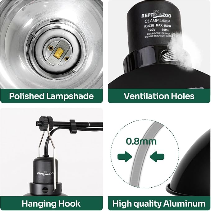 REPTI ZOO Reptile Light Fixture Dimming Thermostat Combo Pack, 8.5 Inch Deep Dome Lamp Fixture Max 150W, PID Reptile Thermostat Temperature Controller for Reptile Heat Lamp Bulb