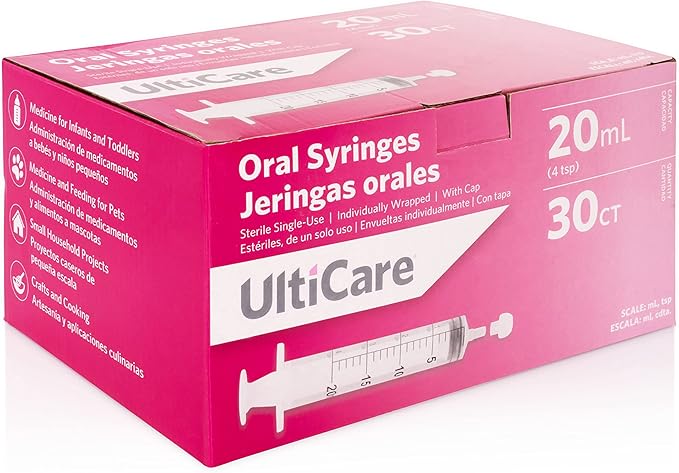 UltiCare 20mL (4 TSP) Oral Syringe – Uses Include Oral Administration of Medicine for Infants. Oral Tip with Cap, Sterile Individually Wrapped, 30 Count