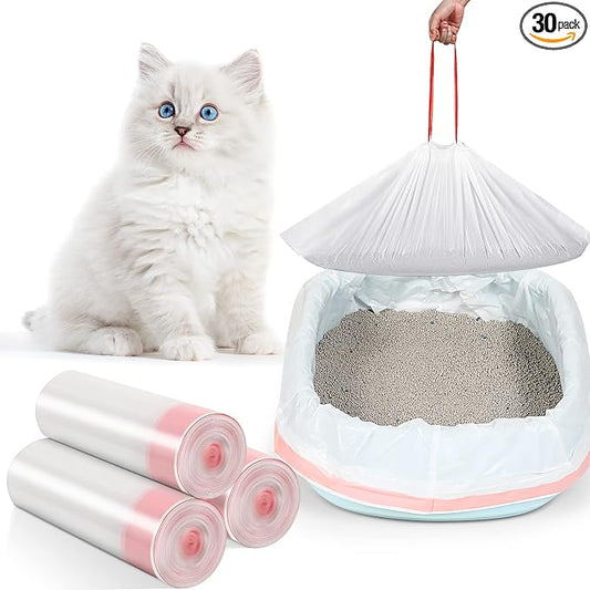 Sabary 30 Cat Litter Box Bags Jumbo Kitty Pan Liners with Drawstring Sturdy Hdpe Material for Cat Pet Waste Litter Box Tray, Pink (31 x 18 Inch)