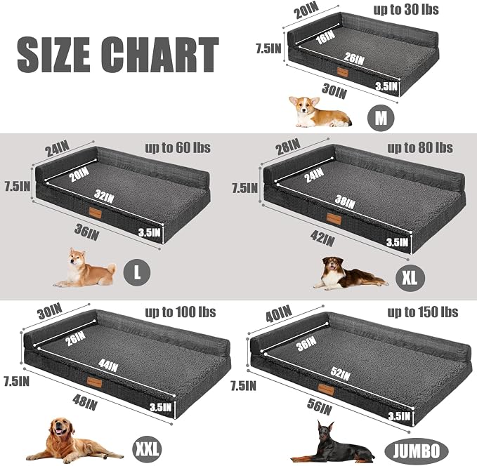 Patas Lague Orthopedic Dog Bed Large Sized Dog 36''X24'', Waterproof L Bolster Medium Pet Sofa Beds with Removable Washable Cover, Soft Pet Couch Crate Mat with Nonskid Bottom, Dark Grey