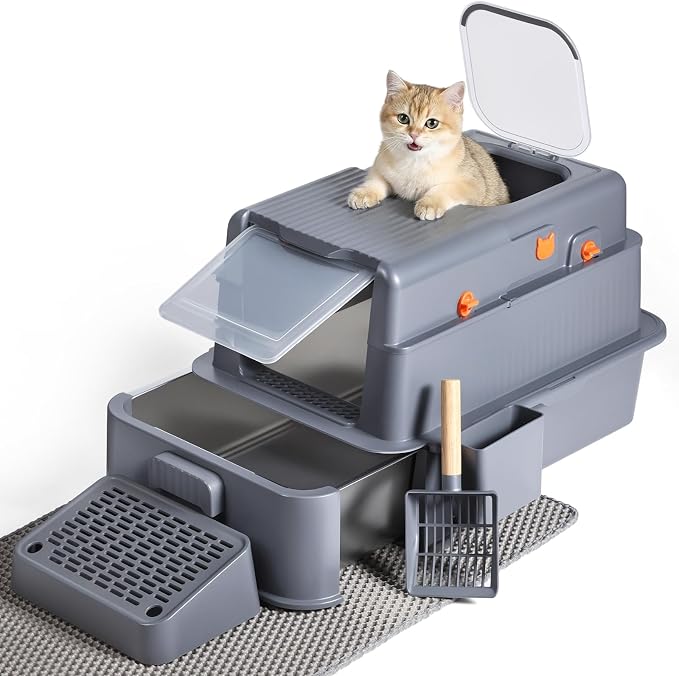 Stainless Steel Litter Box with Drawer, XL Enclosed Metal Litter Box with Lid, for Kittens & Multi-Cat Homes, Easy-Clean, Activated Carbon Odor Filter
