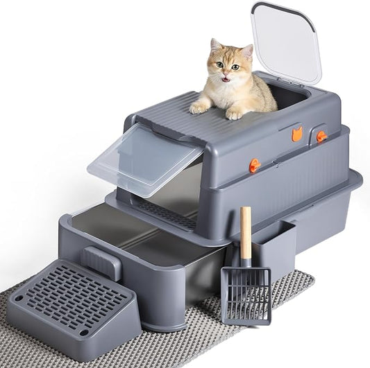 Stainless Steel Litter Box with Drawer, XL Enclosed Metal Litter Box with Lid, for Kittens & Multi-Cat Homes, Easy-Clean, Activated Carbon Odor Filter