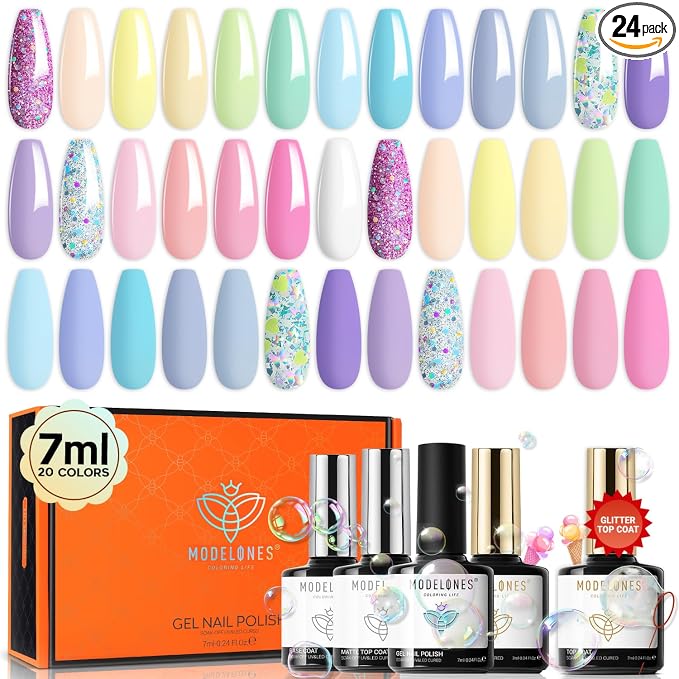 modelones 24 Pcs Gel Nail Polish, 20 Colors Summer Gel Polish Set Magenta Bright Glitter Hot Pink Neon Gel Nail Polish Colors with Bond Primer Glossy & Matte Top Base Coat Manicure DIY Gifts for Women