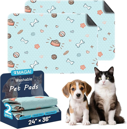 Washable Pee Pads for Dogs and Cats, 24x36In 5-Layer Ultra-Absorbent & Leak-Proof Potty Training Pads, Non-Slip Whelping Potty Pads for Housebreak Crates, Floors and Cars, 2 Packs Blue