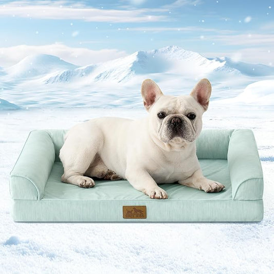 COZY KISS Cooling Dog Bed for Small Dogs, 30"x20" Orthopedic Foam Sofa with Bolster Sides, Q-Max >0.4 Cooling Technology, Cool Pet Bed with Removable Washable Cover, Green