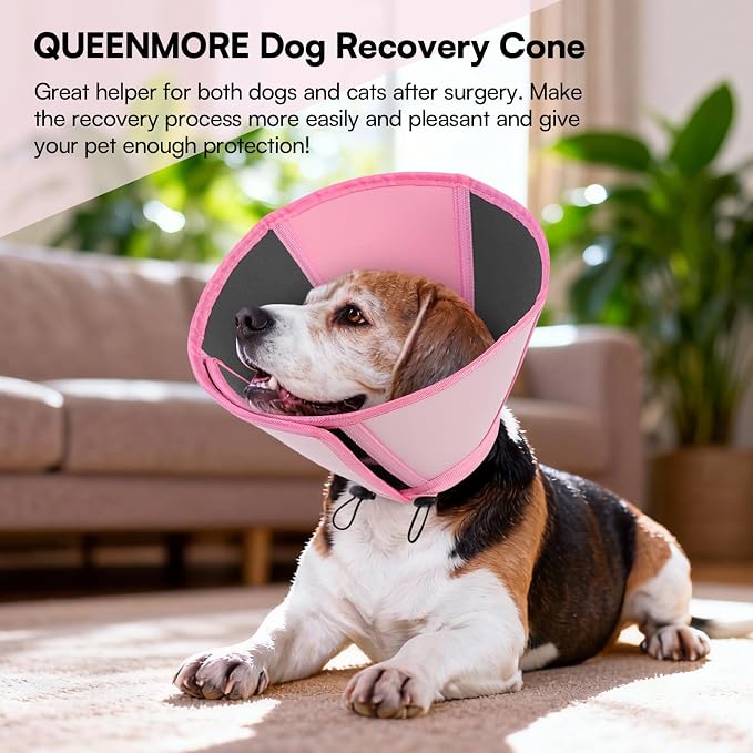 Queenmore Dog Cones for Medium Dogs, Soft Dog Cone, Cone for Dogs After Surgery, Adjustable Recovery Collar for Wound Healing, Comfortable Pet E-Collar to Stop Licking (Light Pink,M)