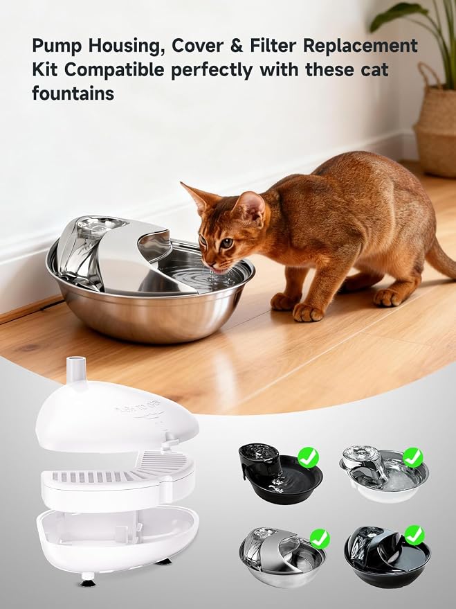 1 Pump Housing + 6 Replacement Filters Kit, Compatible with Pioneer Raindrop Stainless Steel & Big Max Ceramic Cat Dog Water Fountains, L-Shape Cartridge, Easy Install, Activated Carbon Filters