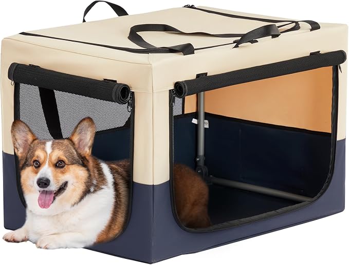 PETSFIT 30" Soft Portable Dog Crate – Patented Spiral Sturdy Frame, Collapsible Travel Kennel for Medium Dogs, 3 Mesh Door, Lockable Zippers, Indoor & Car Use Navy Blue