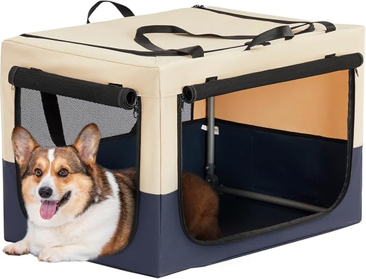 PETSFIT 30" Soft Portable Dog Crate – Patented Spiral Sturdy Frame, Collapsible Travel Kennel for Medium Dogs, 3 Mesh Door, Lockable Zippers, Indoor & Car Use Navy Blue