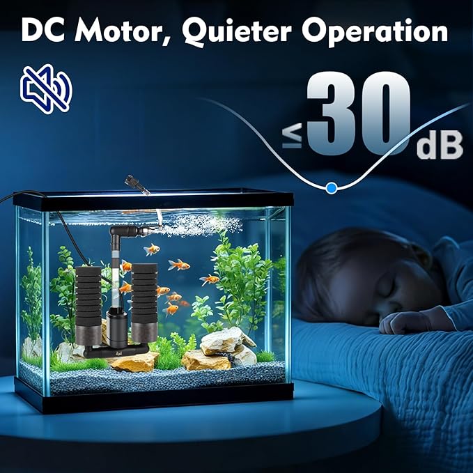 AQQA Electric Sponge Filter for Aquarium, Quiet USB Powered Fish Tank Sponge Filter for 15-55 Gal with Bio Ceramic Media, Shrimp Fry Safe Breeding Filter, Adjustable 360° Outflow, Submersible Filter