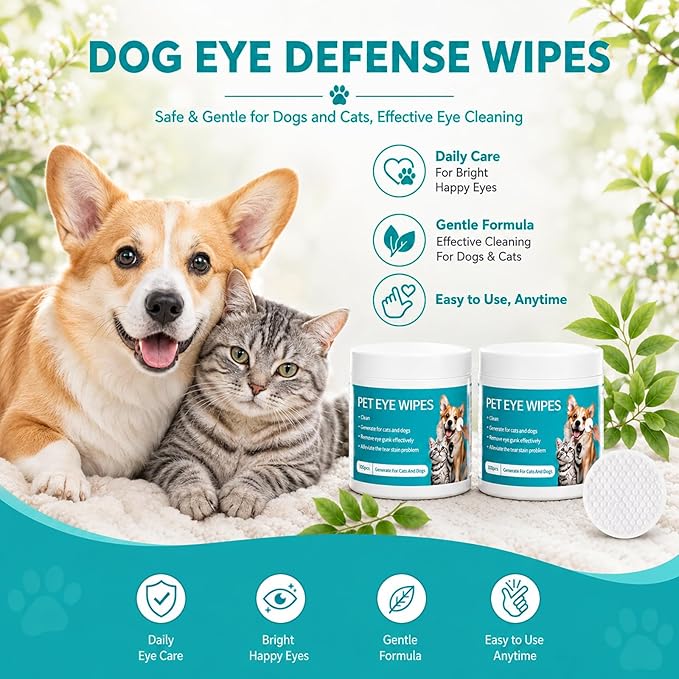 2Boxes Eye Defense Wipes,Tear Stain Remover for Pet,Gentle Eye Wipes for Dogs,Keeps Your Dog’s Eyes Clean,Daily Eye Cleaning Wipes for Dogs and Cats(100 Wipes/Box)