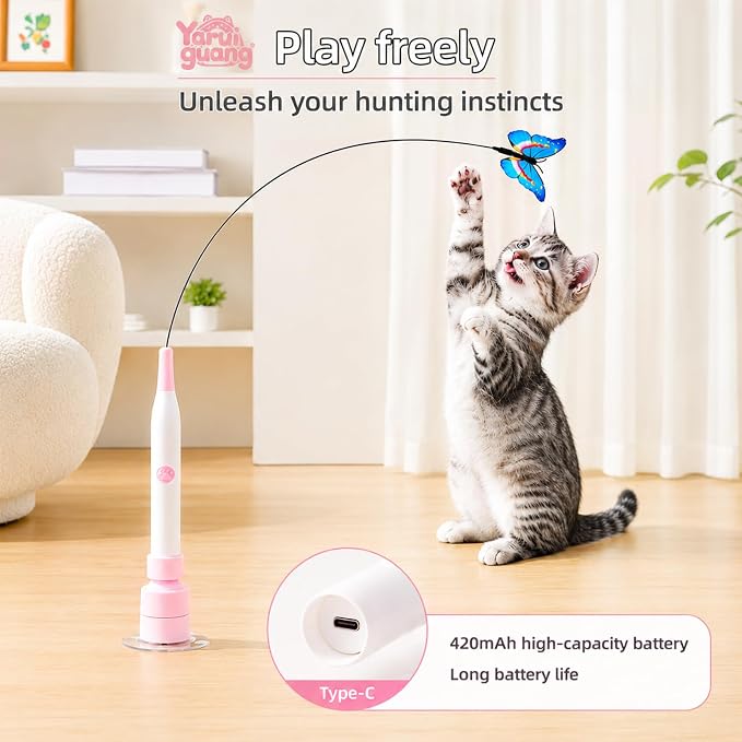 Electric Butterfly Cat Wand for Indoor Cats, 360 Spinning Self-Play with 2 Modes & Tap-to-Awake, Rechargeable Cleanable Suction Base, 3 Butterfly Refills, Interactive Cat Toy (A-Pink)