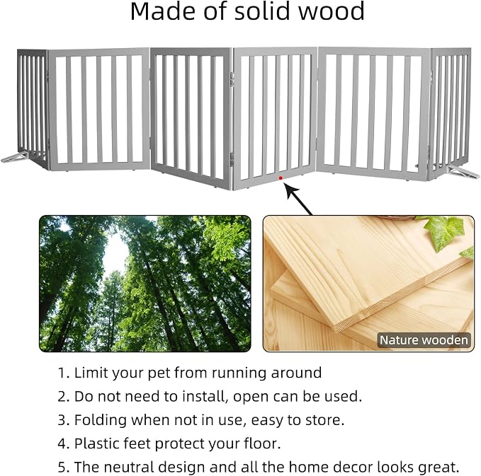 Dog Gate Indoor, Freestanding Dog Fence for The House, Doorways, Hallways,or Stairs,Pet Gate Foldable Wooden,Expandable 24" Height 6 Panels,Grey