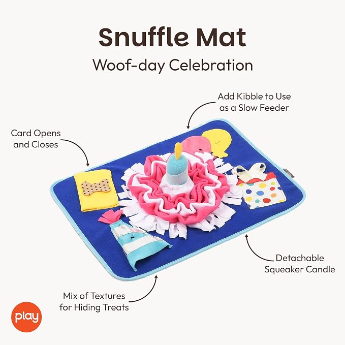 P.L.A.Y. Cute Snuffle Mat for Dogs - Birthday Themed Interactive Food & Treat Mat for Puppies Dogs - Enrichment Toy, Great for Slow Feeding, Nosework & Foraging Skills - Machine Washable