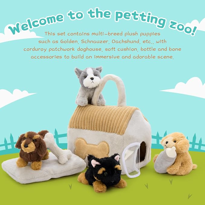 Muiteiur 8-Piece Dog House Plush Set, 9.8 Inch Plush Dog House Set with Cute 4 Puppies, Magic Gate, Bottle, Bed Pad & Bone, Interactive Pet Toy for Kids
