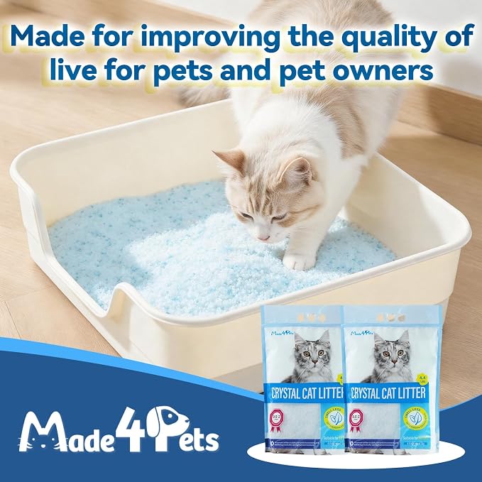 Made4Pets Cat Litter Crystals, Non Clumping Cat Litter Odor Control Kitty Litter Non Clumping No scooping Low Dust, Low Tracking, Lightweight, Dehydrates Waste– 8.6 lbs (2 x 4.3 lb Packs)