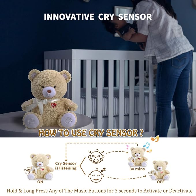 BEREST Newborns Musical Baby Sleep Soother, Mom's Heartbeat White Noise Machine, Bear Sleeping Aid with Cry Sensor, Night Light & 9 Sounds Therapy, Classic Sleeping Bear Infant Sleeping Aid Toy(Brown)