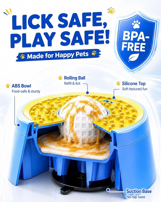 Interactive Slow Feeder Dog Bowl for Dogs & Cats: 2-in-1 Liquid Treat Enrichment Feeder with Rolling Lick Ball, Anti-Slip Suction Base for Yogurt, Bone Broth, Wet Food & Frozen Treats