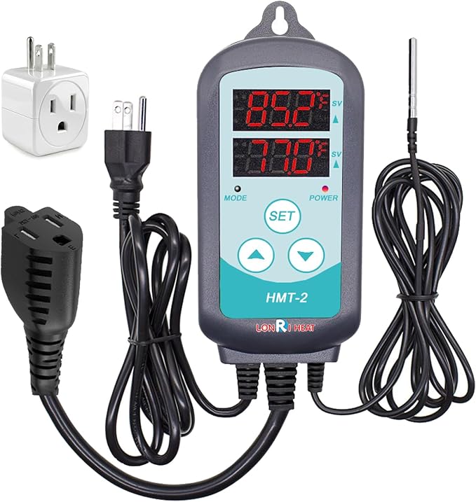 Temperature Controller Plug in Thermostat for Heat Mat & Reptile, 1500W Digital Thermostat Outlet with Probe, Heating & Cooling, Power-Off Memory, 3-Outlet for Multiple Devices