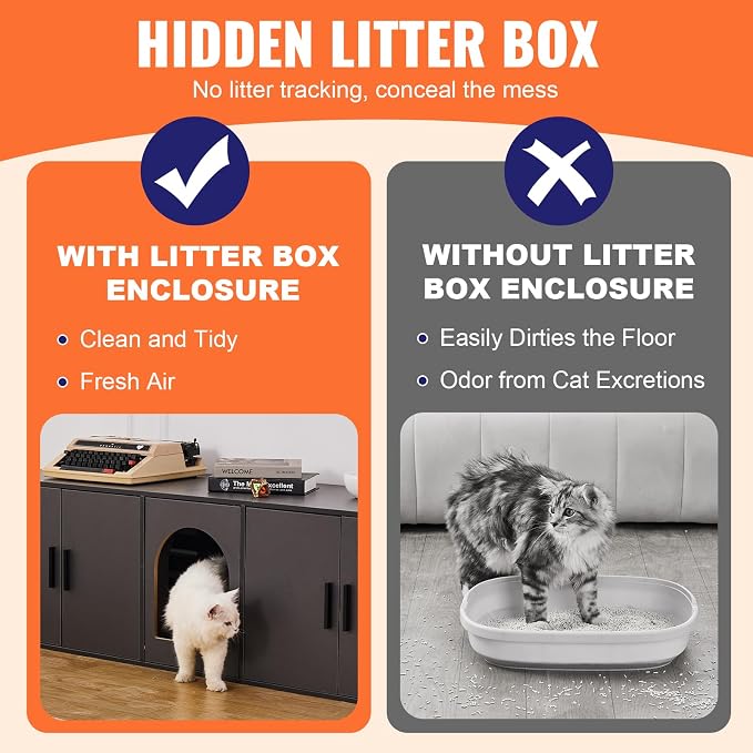 VEVOR Cat Litter Box Enclosure for 2 Cats, Litter Box Furniture Hidden with Double Rooms, Wooden Cat Box Cabinet Fit Most of Litter Box