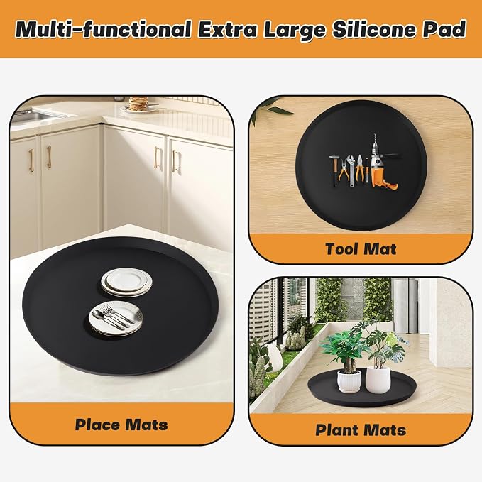 20" Silicone Pet Food Mat, Waterproof Feeding Mat for Dog & Cat Extra Large Dog Bowl Mats with Raised Edge, Non-Slip, Protects Floors, Easy to Clean (Black)