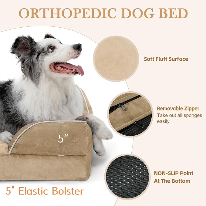 Comfort Expression Waterproof Orthopedic Foam Dog Beds for Extra Large Dogs Sofa Pet Bed Washable Removable Cover with Zipper and Bolster 53" L x 42" W x 8.5" Th, Light Brown