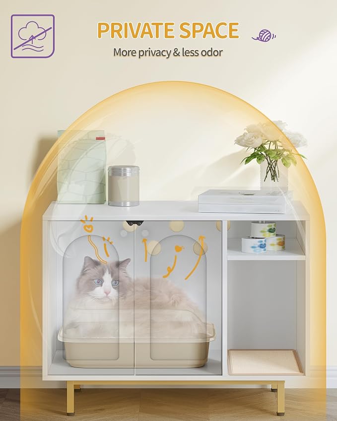 Hzuaneri Cat Litter Box Enclosure,Hidden Litter Box Furniture with Storage, Large Wooden Cabinet with Sisal Mat, Modern Cat Washroom for Living Room, Bedroom, Entryway, White and Gold 01503GCLB