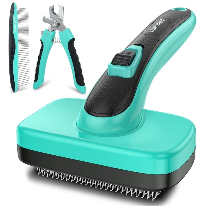 Dog Brush - 3 Pcs Self Cleaning Slicker Brush & Nail Clippers & Pet Comb for Dogs,Cats and Horses, Skin Friendly Deshedding Grooming Tool whit Short Long Haired Pets