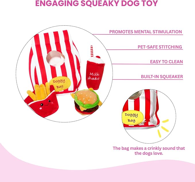 Glow Pups Dog Toys Food Parody Plush Dog Toy with Squeaker, Doggy Bag Hide and Seek Toy, Crinkly Bag for Burrowing Fun, Promotes Mental Stimulation and Reduces Stress, 12" x 9" x 5", Red Striped