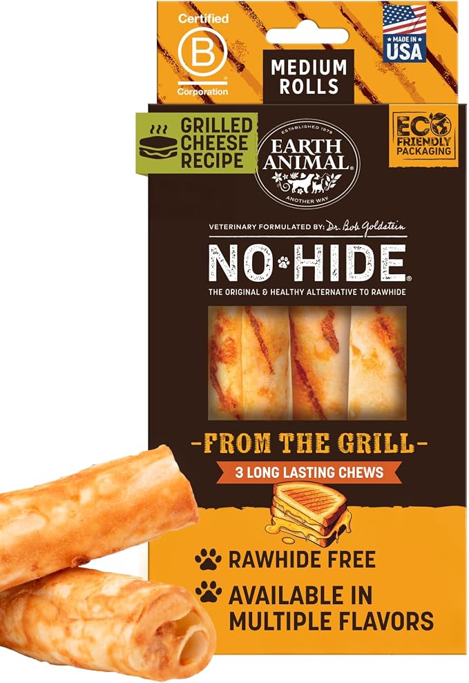 Earth Animal No Hide Chews - from the Grill Rolls Grilled Cheese Vegetarian Flavor Rawhide Free Medium Dog Chews - 3 Count