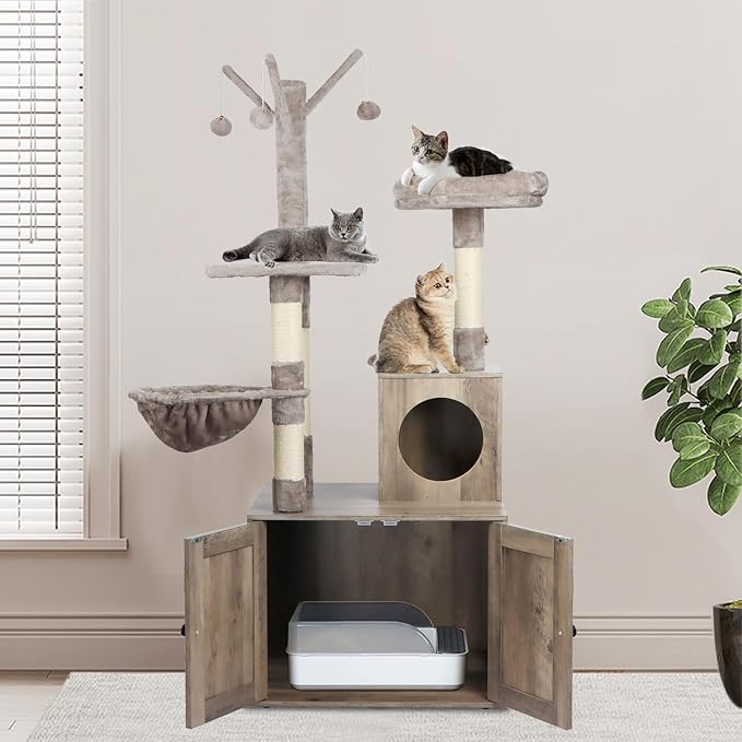 Timberer Litter Box Enclosure with Cat Tree, 2-in-1 Cat Tree Tower, Hidden Cat Litter Box Furniture with Scratching Post, Modern Cat Condo, Grey