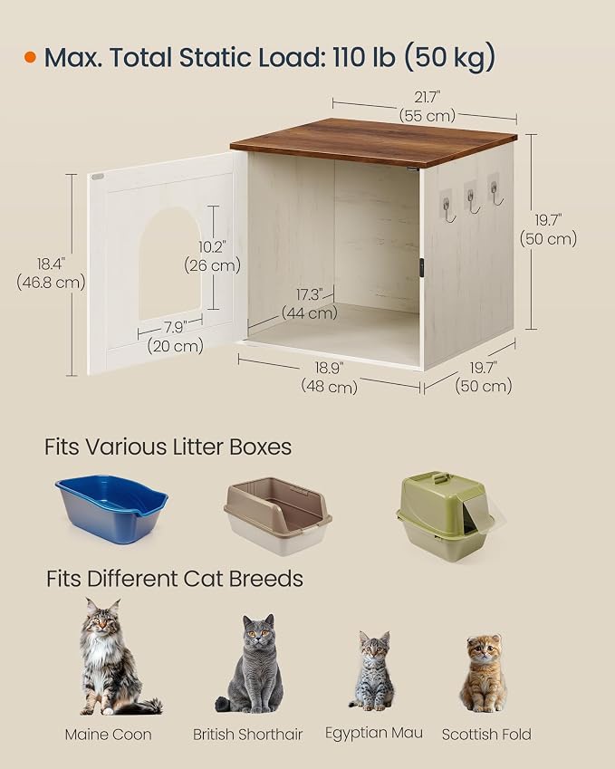 SONGMICS Home Cat Litter Box Enclosure, Snapsemble Superfast Assembly, Litter Box Cabinet, Double Latches, Hooks, Cat House, 21.7 x 19.7 x 19.7 Inches, Rustic White and Honey Brown PCL234WJ03S