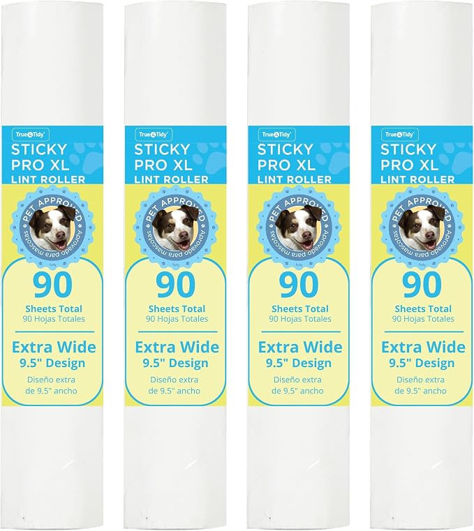 True & Tidy 4pc Lint Roller Refill Set for StickyPro XL Lint Roller, 90-pc per Sheet, Total 360 Sheets, Effectively Removes Pet Hair and Other Debris, Threaded Spiral Design, Extra Wide 9.5 inches