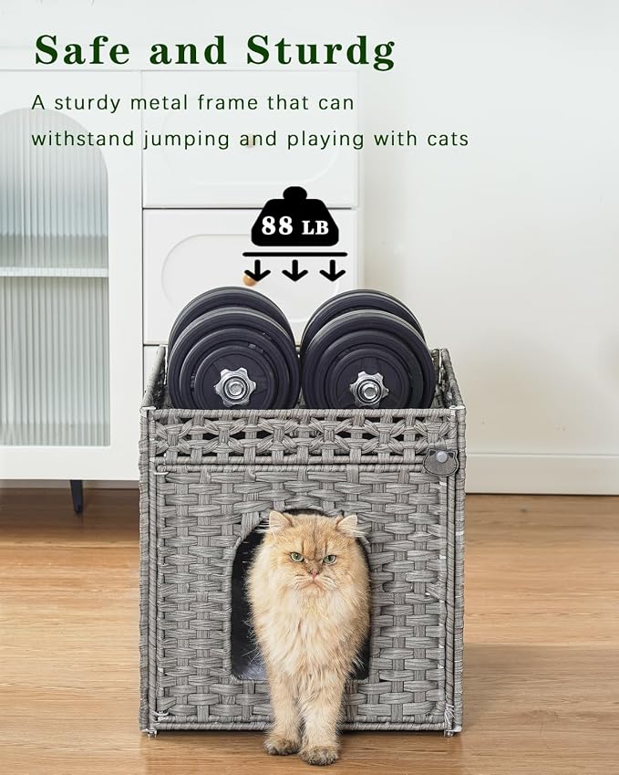 SETVSON Cat Beds for Indoor Cats Extra Large Double Cat Cave Pet Cube, Handwoven Rattan Cat Houses with Double-Sided Soft Cushions, 18.5 x 20.5 x 19.1 Inches Foldable Hideaway in Living Room Gray