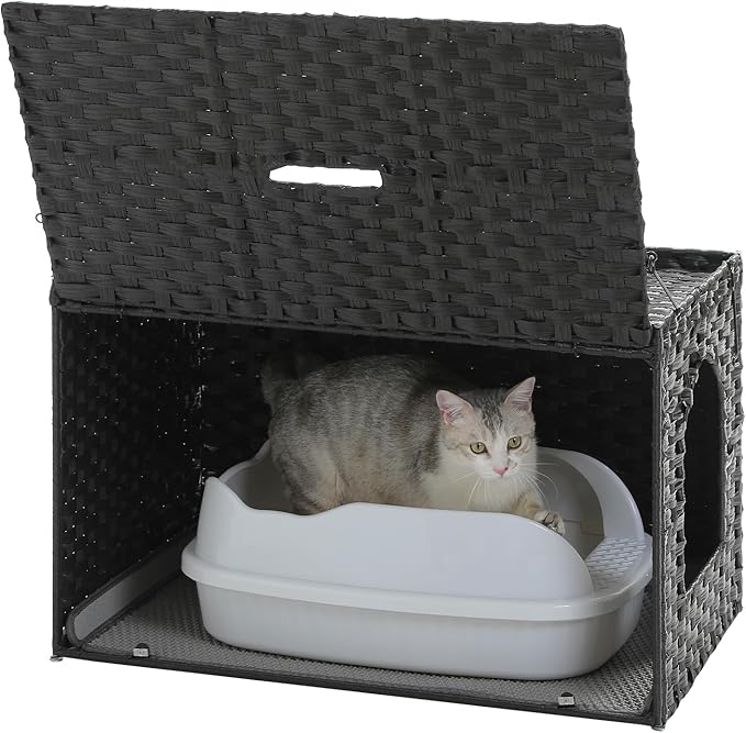 MUTTROS Rattan Cat Litter Box Enclosure - Hidden Litter Box Furniture by Handwoven Wicker with Taller Doorway & Raised Edge Mat-Cat House Cabinet for Large Cats Indoor Living Room Odor Control, Black