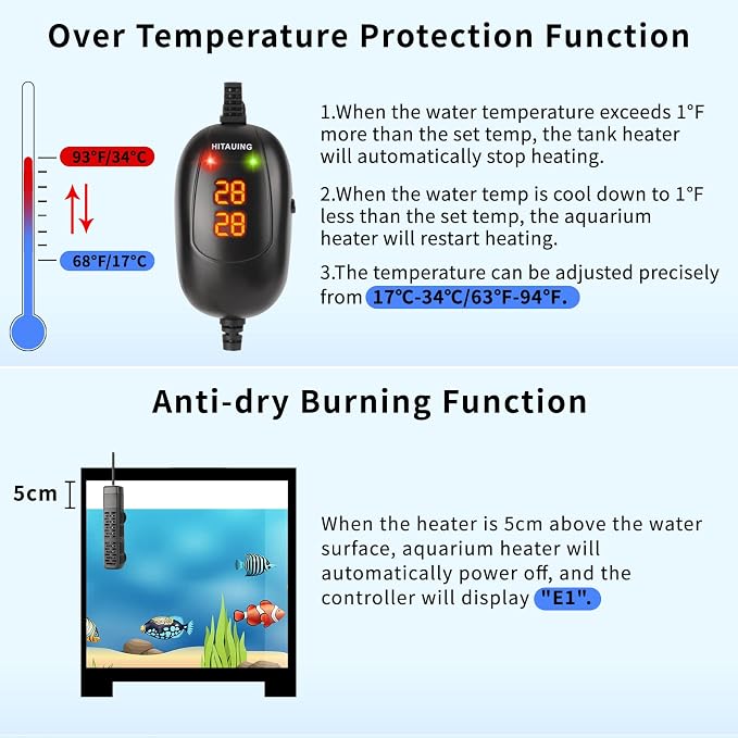 HiTauing Aquarium Heater, 50W/100W/200W/300W/500W Submersible Fish Tank Heater with Over-Temperature Protection and Automatic Power-Off When Leaving Water for Saltwater and Freshwater