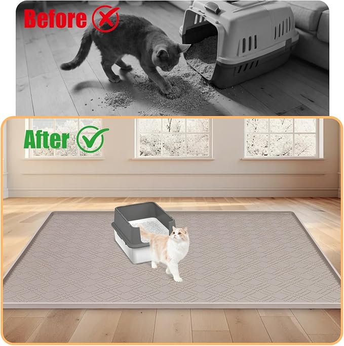 Silicone Cat Litter Mat, 42" x 29" Extra Large Litter Trapping Mat for Litter Box, Leak-Proof, Non-Slip, Kitty Litter Mats with Soft Texture for Floor, Keeping The Floor Clean (Khaki)