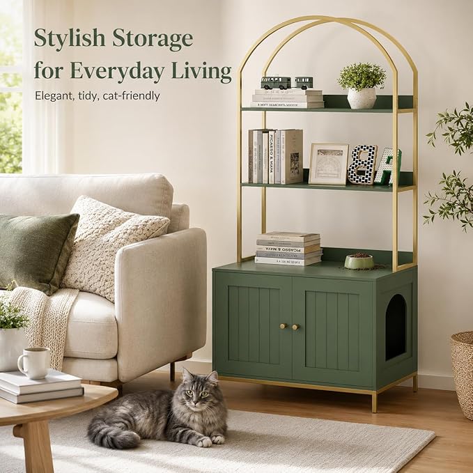 Homhedy Cat Litter Box Enclosure, Litter Box Furniture Hidden with 2-Tier Storage Shelves, Wooden Cat Washroom Furniture with Metal Frame, Modern Style, Green and Gold
