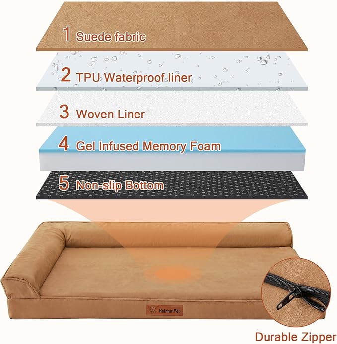 Rainmr Orthopedic Dog Bed Medium Size Dog, Memory Foam Dogs Bed for Medium Dogs, Washable and Removable Microsuede Cover, Waterproof Liner, Non-Skid Bottom, 30x20x6 Inches, Khaki