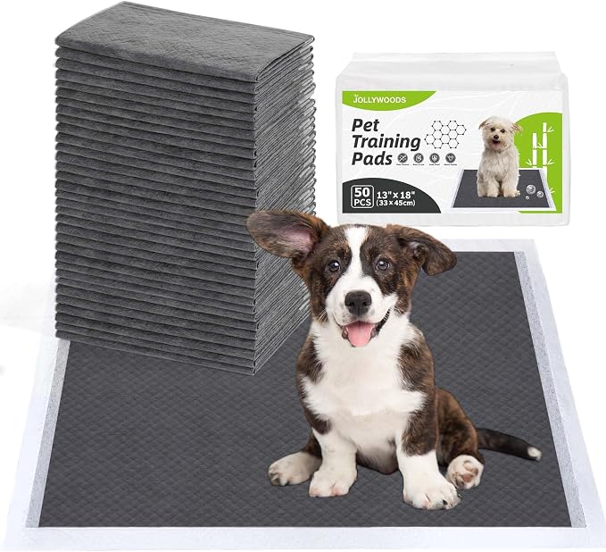 Jollywoods Disposable Dog Pee Pads, 13" x 18", 50 Counts | Odor-Control Bamboo Charcoal Fiber, Super Absorbent & Leak Proof Pet Training Pads, Quick Dry, For Dogs, Cats and Rabbits