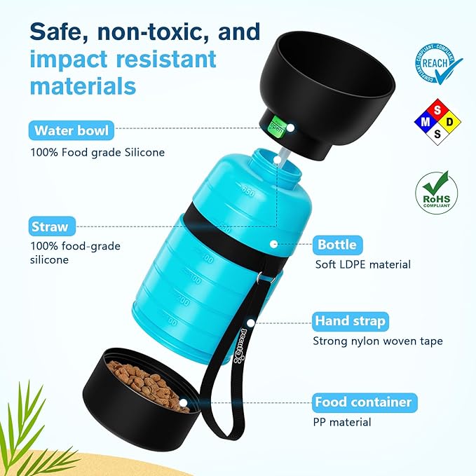 Pecute Outdoor Adventure Bundle: 26FT Retractable Dog Leash with Chew-Proof Cable & Poop Bag Holder + 22oz Portable Dog Water Bottle with Food Container, Leakproof BPA-Free for Hiking Travel