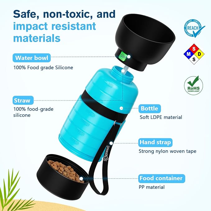 Pecute Hands-Free Dog Walking Belt Bundle: Shock-Absorbing Bungee Leash + 22oz Portable Water Bottle with Food Container, for Running Hiking Training