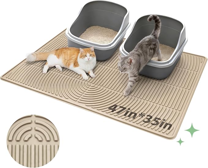 Pawtasy Cat Litter Box Mat,47" x 35" Extra Large Silicone Waterproof Litter Trapping Mat for Scatter Control Soft on Kitty Paws Non-Slip Easy to Clean
