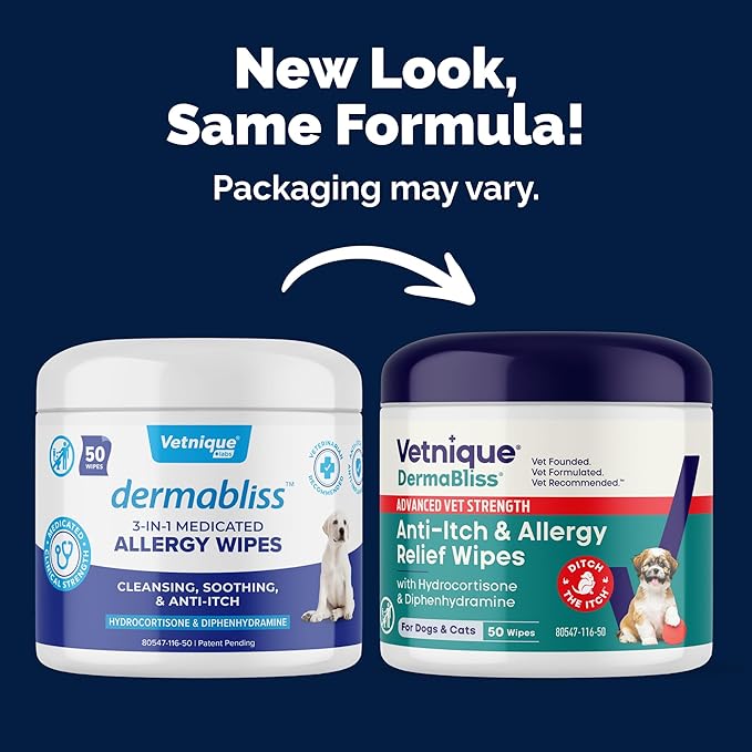 Vetnique Dermabliss 3-in-1 Anti Itch Wipes for Dogs & Cats, Allergy Relief | Hydrocortisone, Pramoxine & Antihistamine Wipes Calm Itching, Paw Licking and Odor for Dogs & Cats; Gentle No-Sting relief