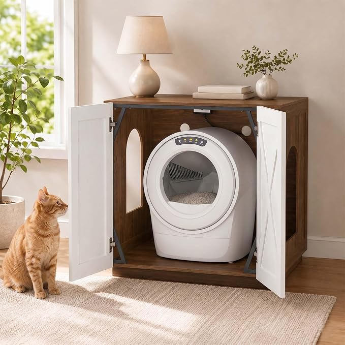 unipaws Extra Large Cat Litter Box Enclosure for Self-Cleaning & Automatic Litter Boxes, Tall Cabinet with Charging Station, Wooden Dog Proof Hidden Cat House for Top Entry Litter Box