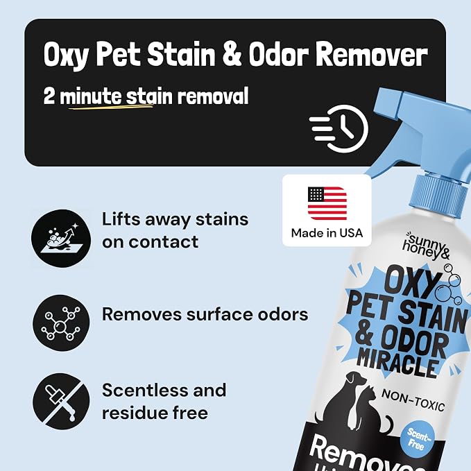Sunny & Honey Oxy Pet Stain and Odor Eliminator - Oxygen Powered Carpet Cleaner Spray and Upholstery Cleaner - Pet Stain Remover for Rugs, Couches and Mattresses - Unscented (32 fl oz)