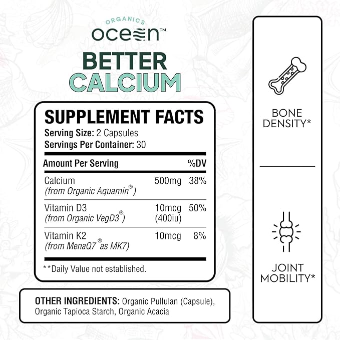 Organics Ocean Better Calcium - Organic Red Algae Calcium with Vitamin D3 and K2 Supplements - Supports Bone Structure, Joint Comfort & Encourages Healthy Aging - Plant-Based, Non-GMO - 3 Pack