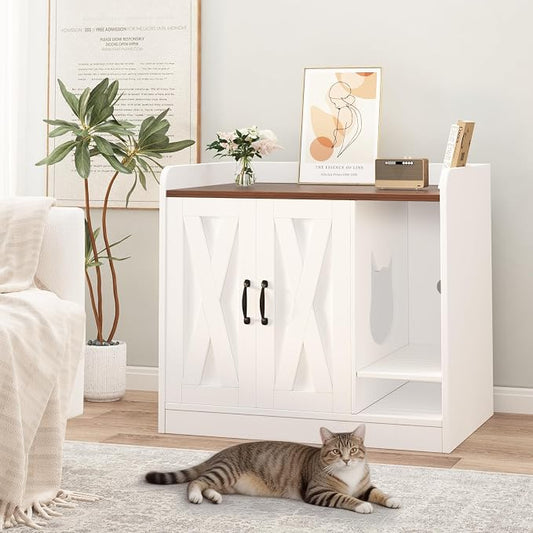 Cat Litter Box Enclosure,Hidden Litter Box Furniture with Divider,Indoor Cat House,Wooden Cat Washroom Storage Cabinet Bench, Side End Table Nightstand, 33.07" L × 23.62" W × 23.92" H,White&Brown